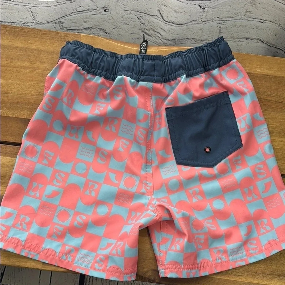 Pink and Blue Geometric Pattern Swimsuit with Elastic Waistband